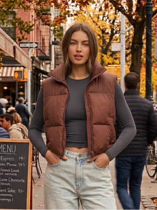 Jackets & Blazers - Brown Cropped Puffer Vest Stand Collar Zip Up Bubble Gilet